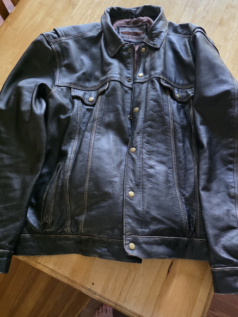 Men's Black Leather Jacket - Classic Button-Up Style